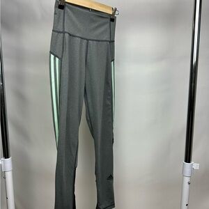 Adidas Gray High-Rise Leggings w/ Mint Stripes & Mesh Calf Panels - Size S